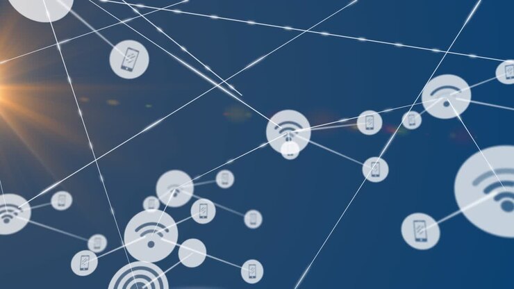 Animation of network of digital icons and yellow light spot against blue background