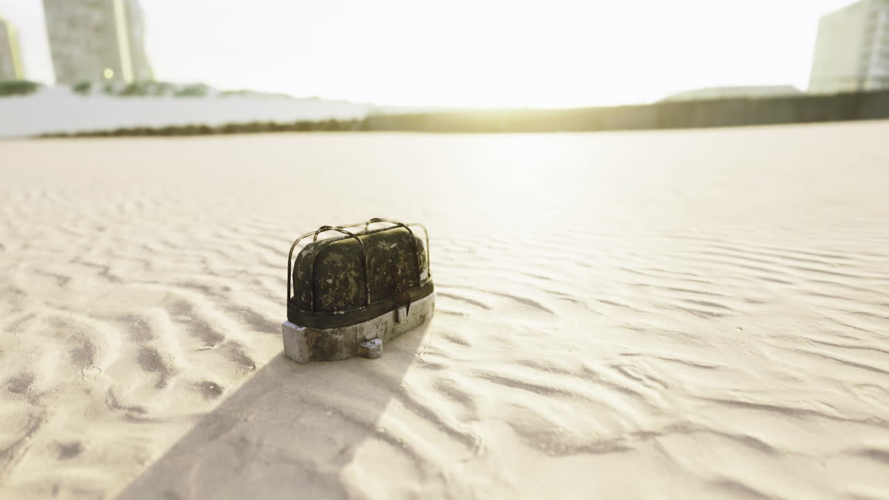 Enjoying a peaceful moment at sunset with a suitcase on the sandy beach