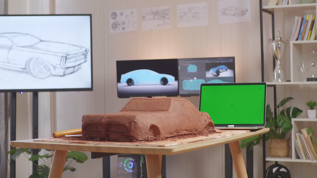 la escultura de arcilla de coche al lado de la pantalla verde portátil está en la mesa en el estudio con televisión y computadoras mostrar modelo de coche eléctrico 3d