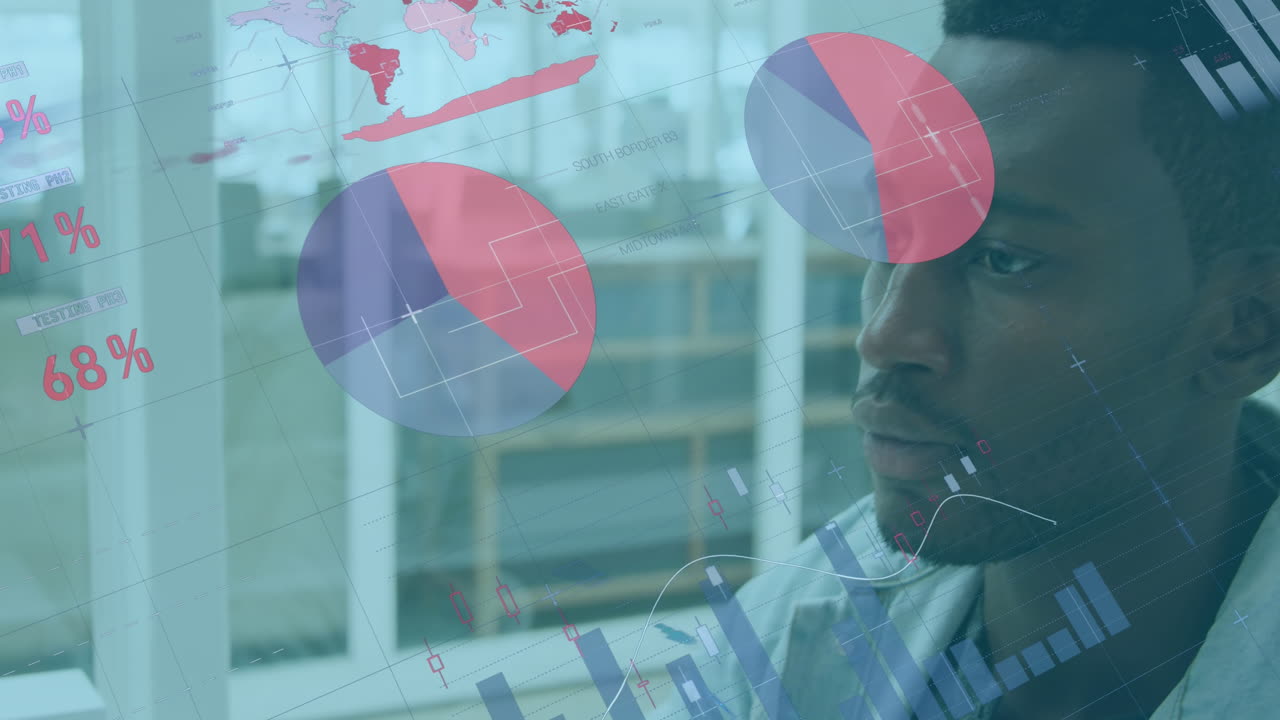 Animation of infographic interface over close up of african american man working on computer