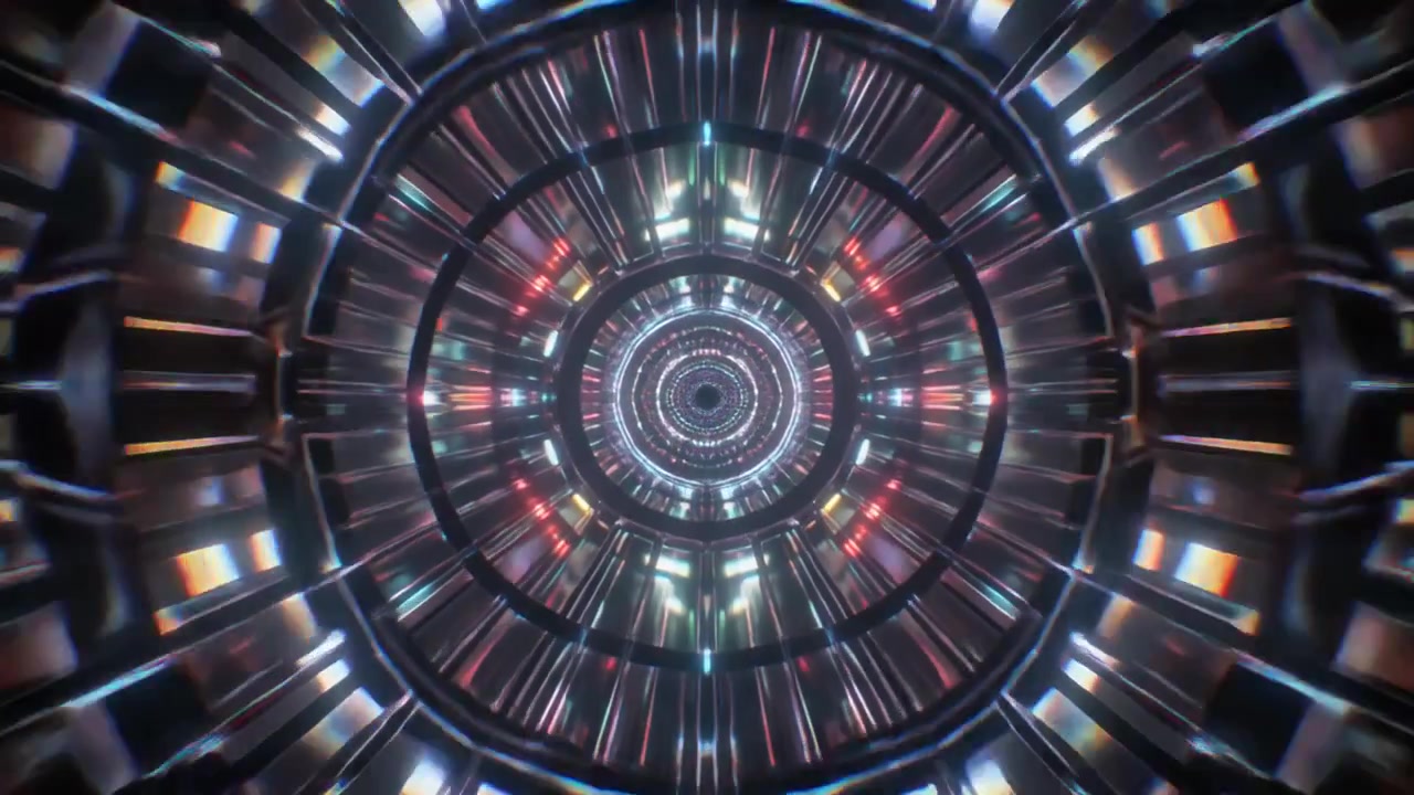 Futuristic Abstract Tunnel with Glowing Neon Lights and Geometric Patterns