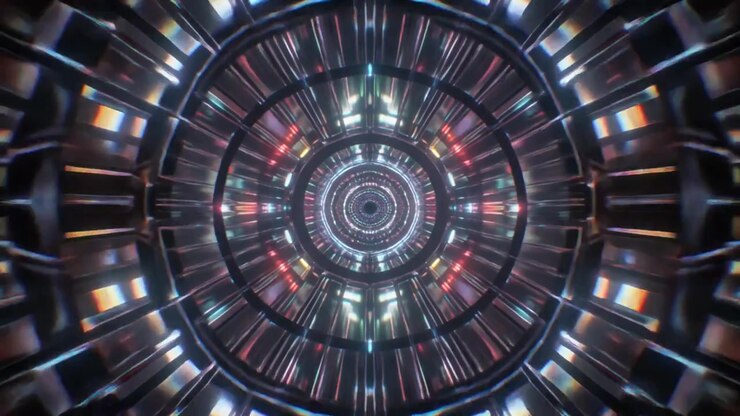 Futuristic Abstract Tunnel with Glowing Neon Lights and Geometric Patterns