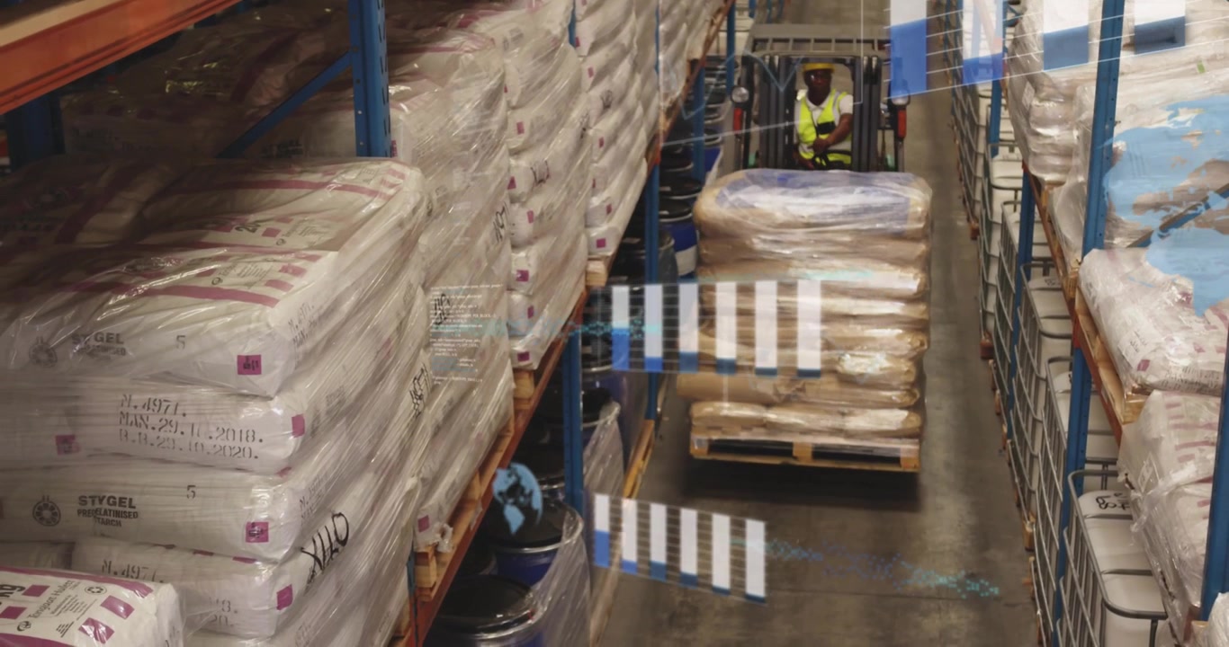 Operator steering forklift entering warehouse aisle, causing digital bars scanning inventory data