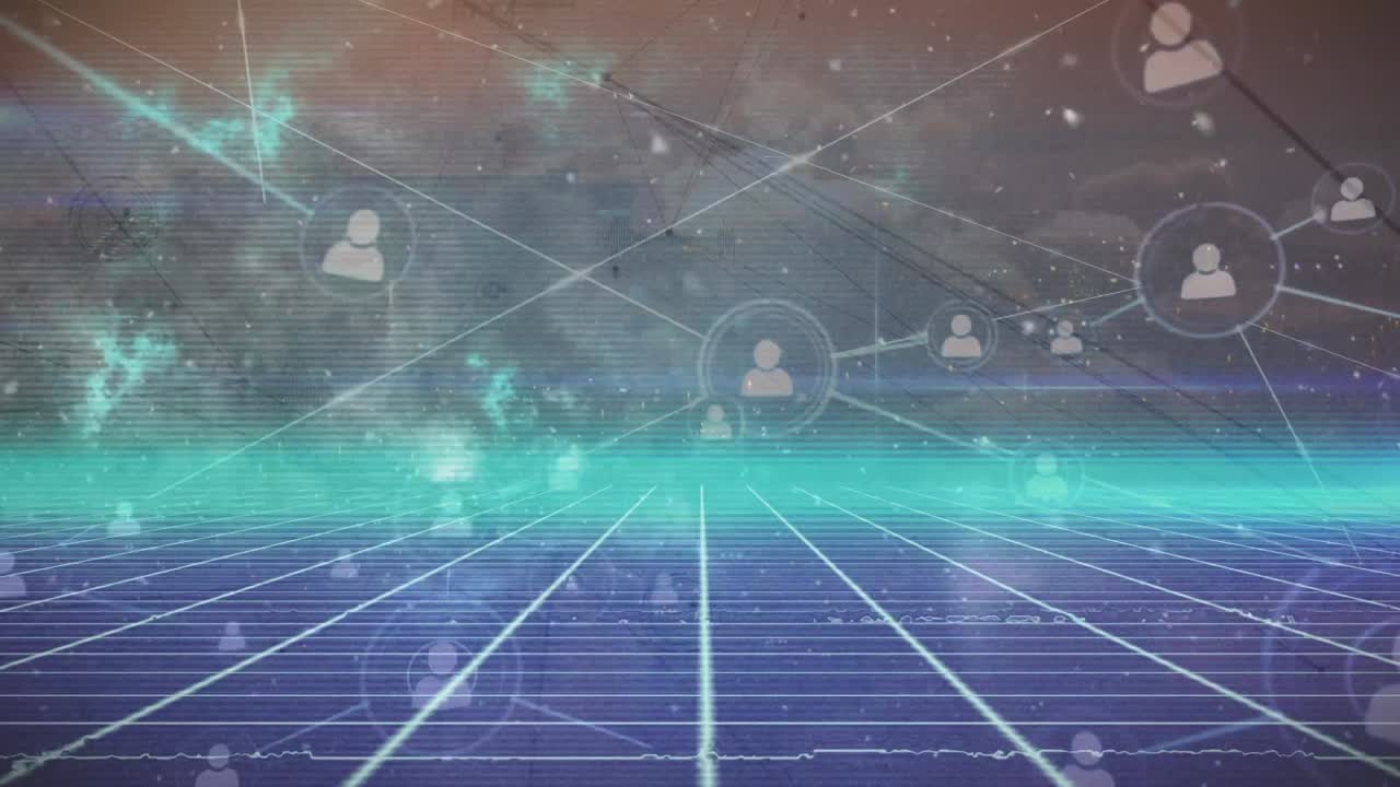 네온 선과 구름으로 된 하늘 위의 아이콘과 연결 네트워크의 애니메이션