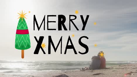 animation of merry xmas text over senior biracial couple at beach