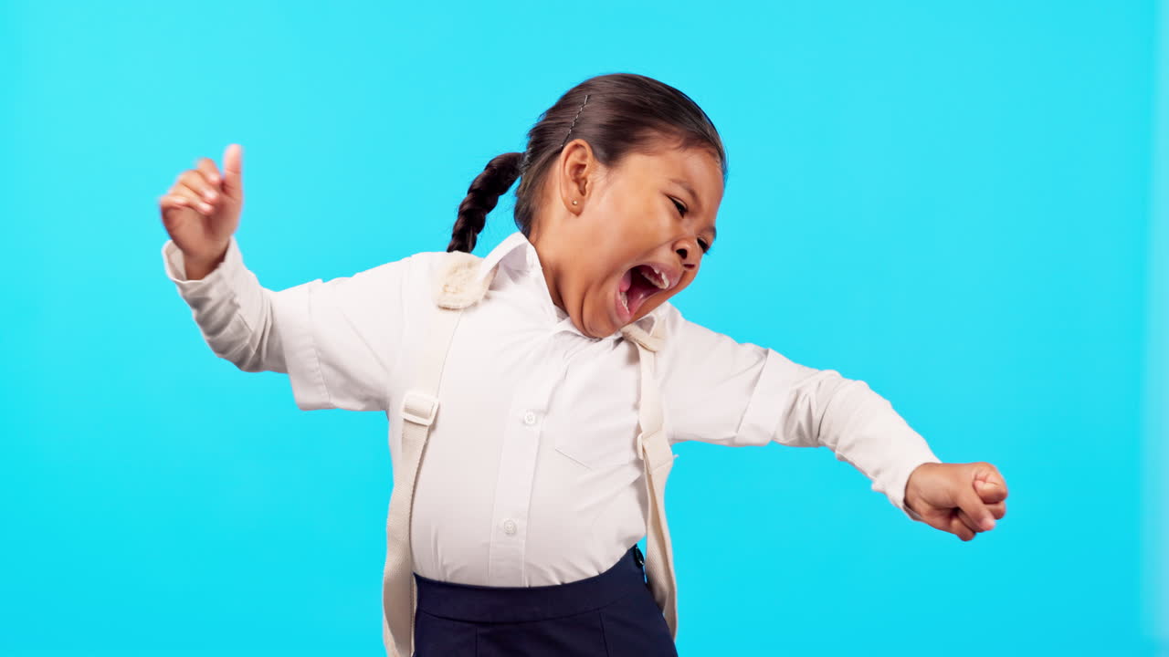Yawn, tired and girl student in studio stretching