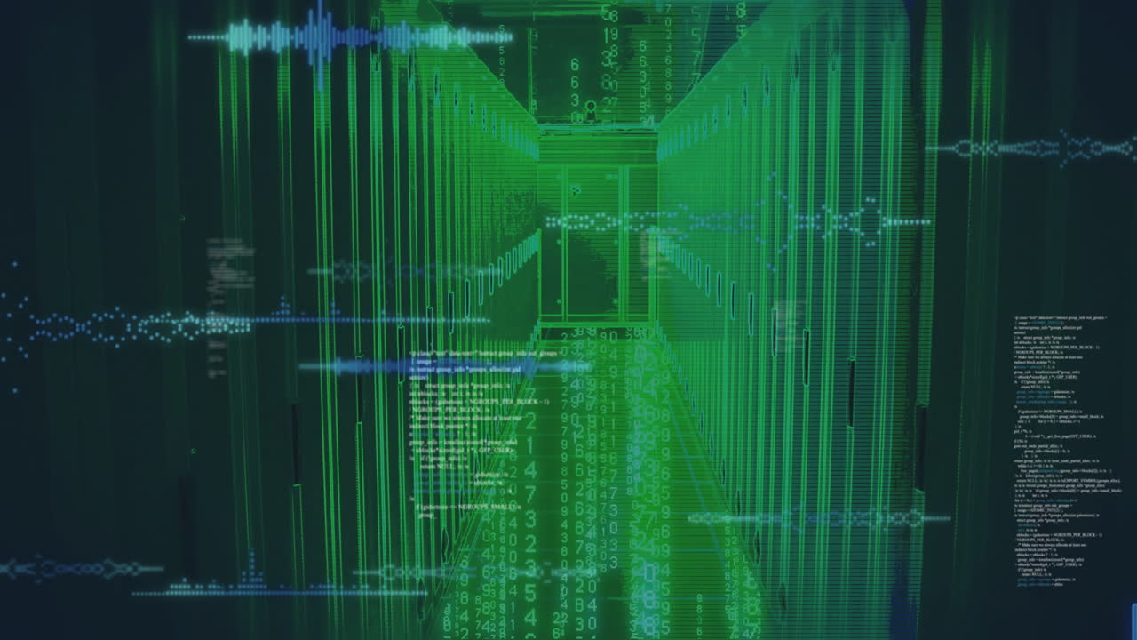 Digital data streams and binary code animation over futuristic green corridor