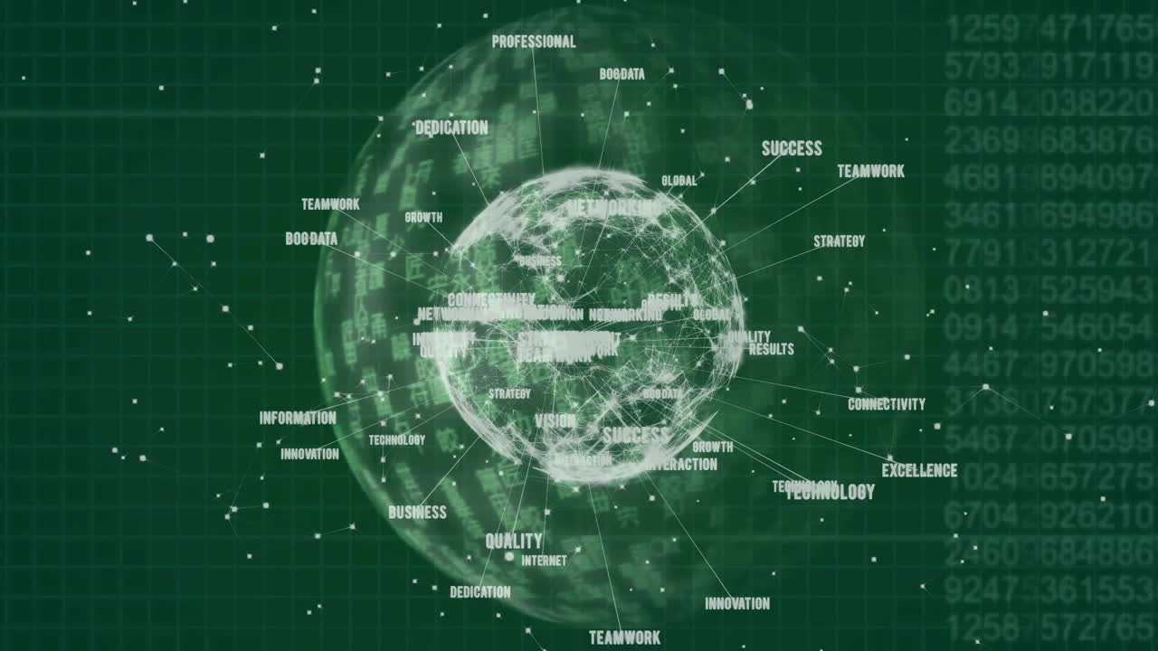mundo animado con palabras clave de negocios y puntos de datos sobre fondo de cuadrícula verde