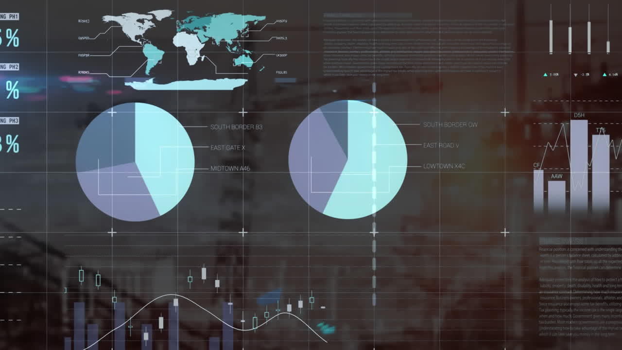 Animation of financial data processing over cityscape