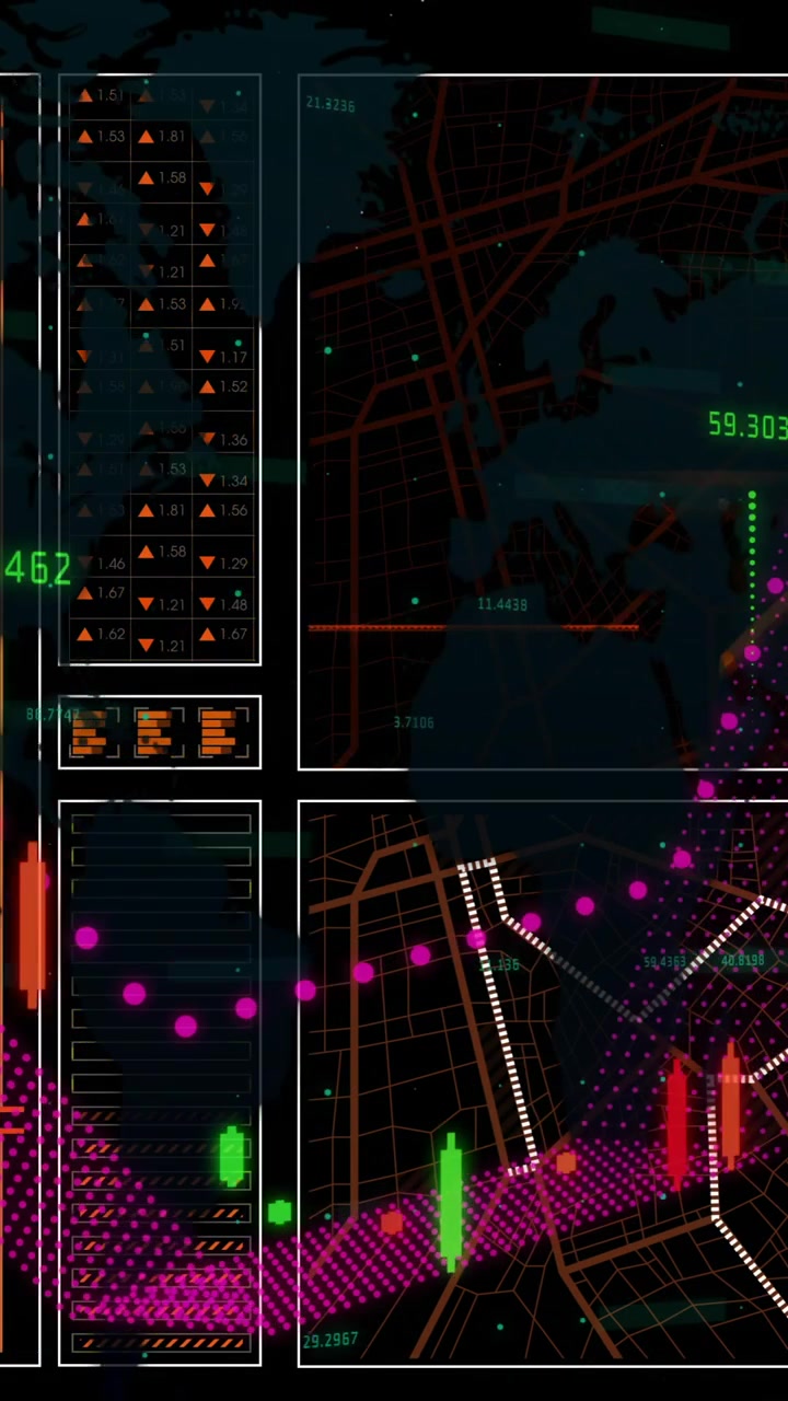 Animation of financial data processing over grid on dark background