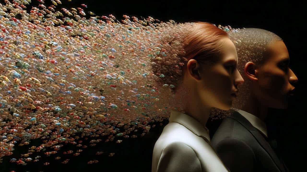 A breathtaking visual representation of thought and emotion, where two figures stand side by side, their consciousness flowing outward like a dynamic stream of colorful particles in a mesmerizing display