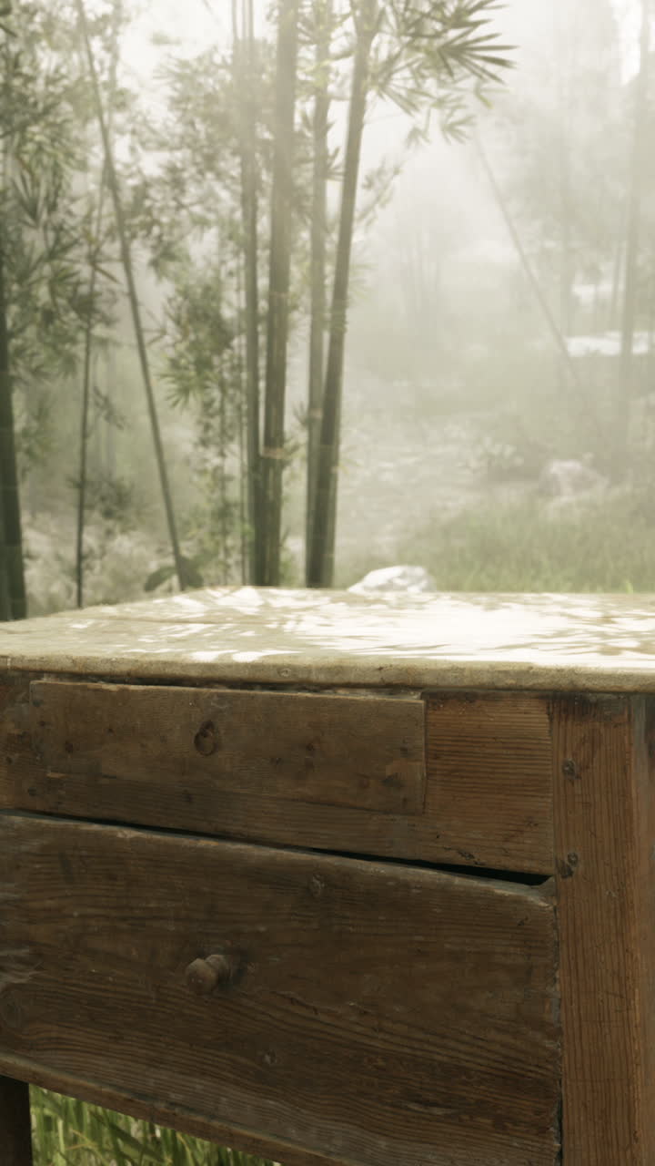 mesa de madera con cajón frente a un bosque de bambú