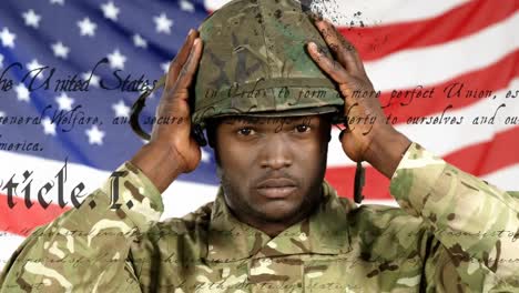 Animation-of-article-i-over-african-american-soldier-wearing-helmet-against-flag-of-america