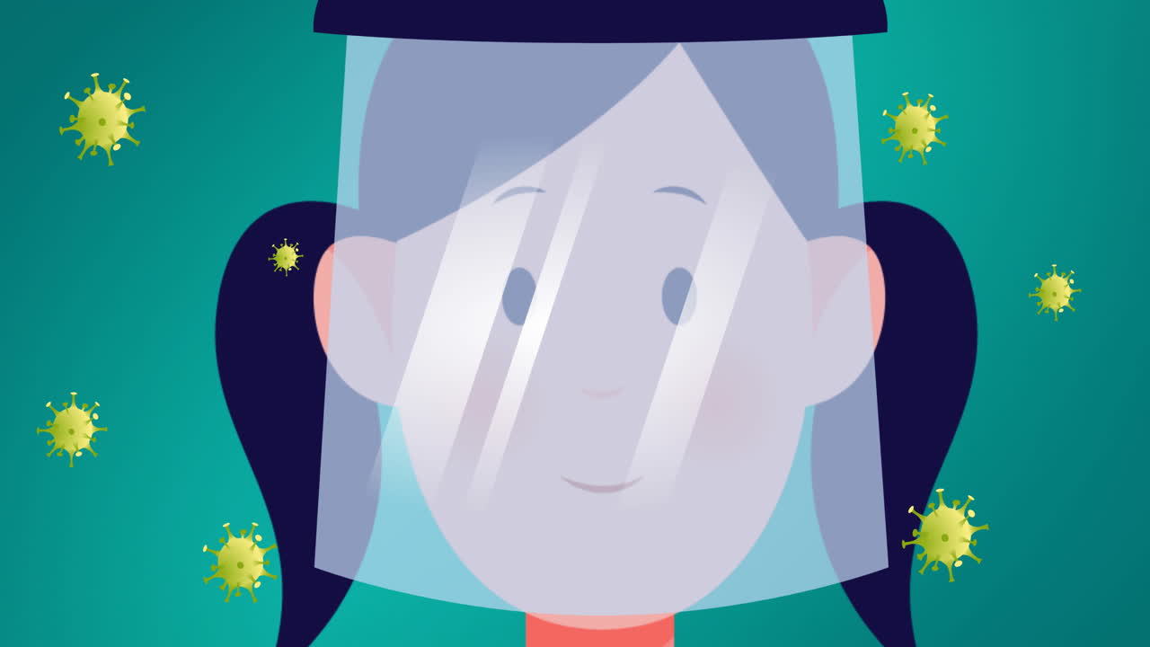 녹색 배경에 코로나19 바이러스 세포 위에 비저를 착용한 소녀의 애니메이션