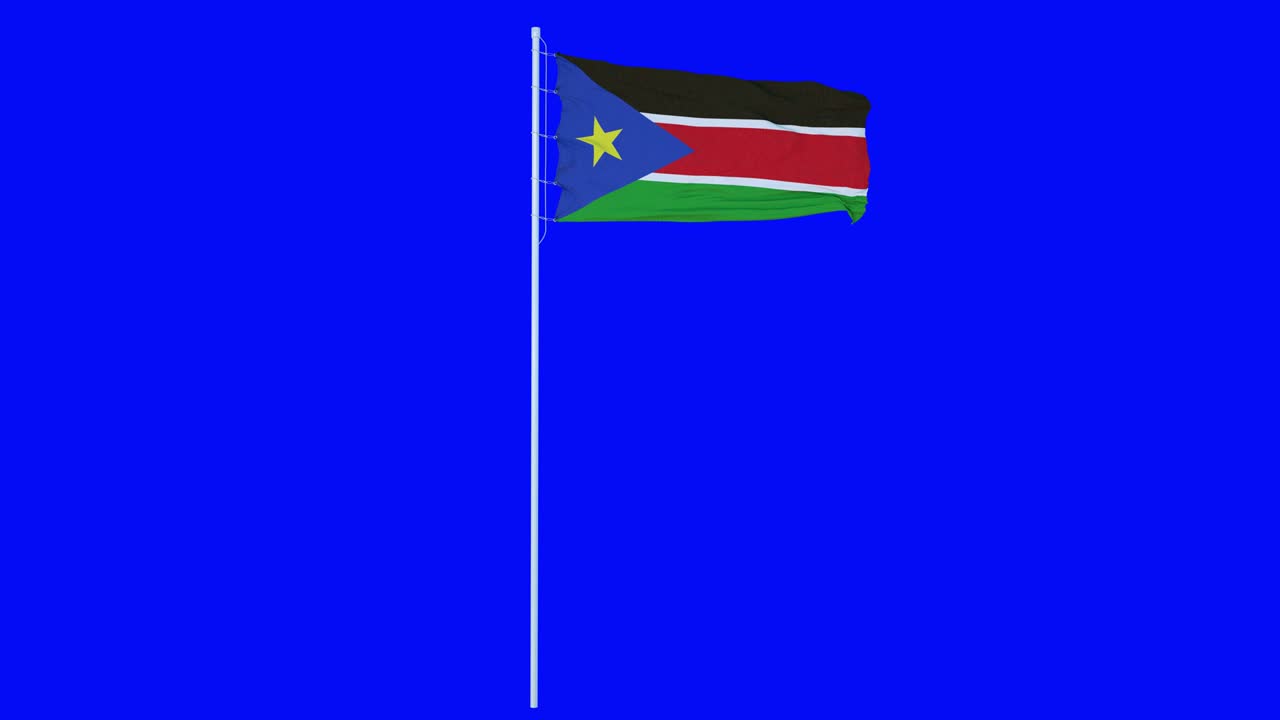 South Sudan Flag Waving on wind on blue screen or chroma key background. 4K animation