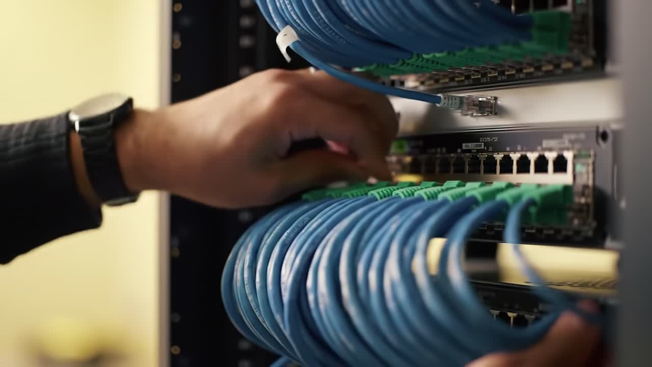 Network Technician Installing Cables in Server Rack
