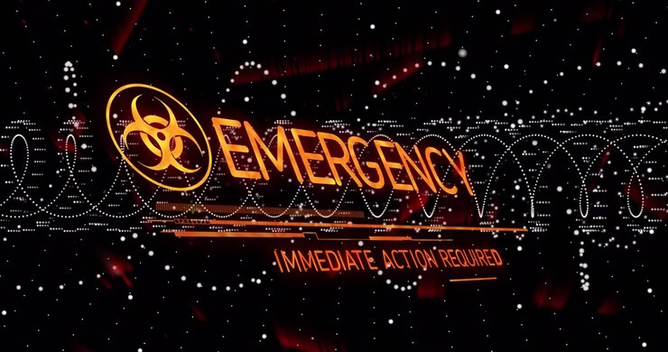 Pulsazione a elica che provoca la rotazione dell'icona di rischio biologico, con EBK che si trasforma in EMERGENZA e indica AZIONE RICHIESTA.