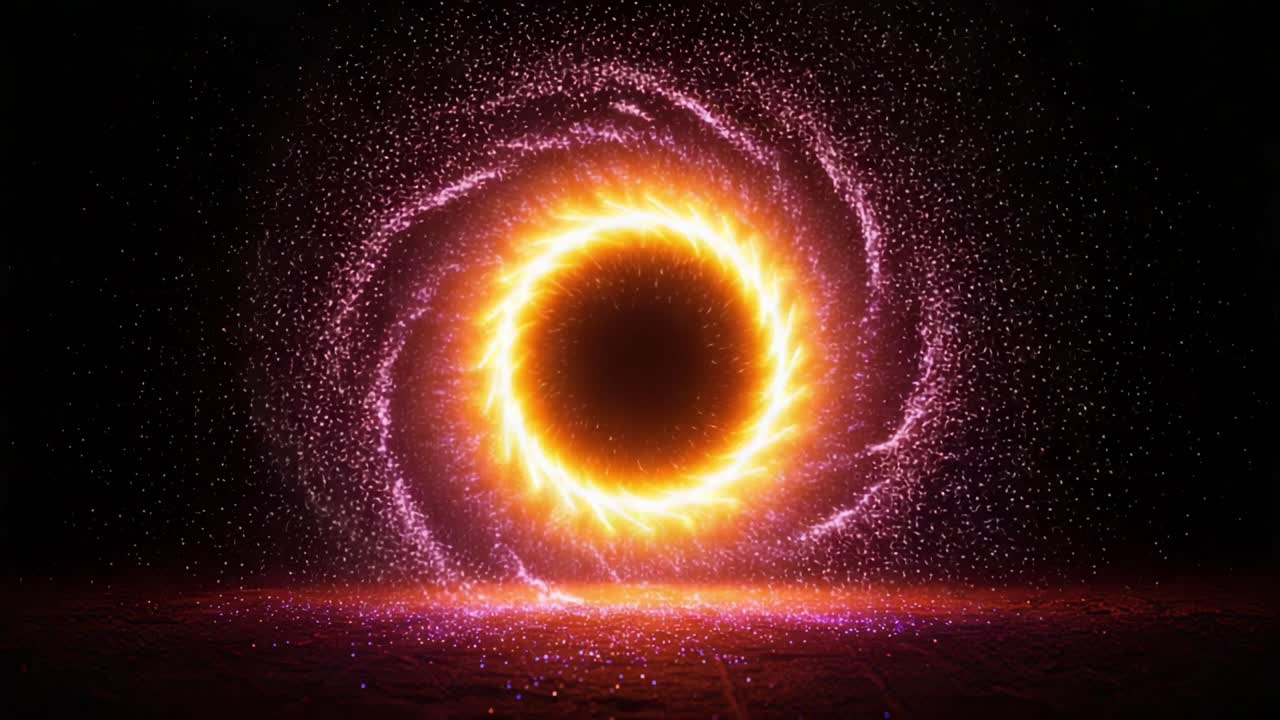 A Stunning Display of Cosmic Energy: Observing the Vibrant Spiral of Light and Particles Emanating from a Central Celestial Orb in a Dark Universe