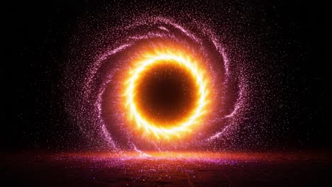 a stunning display of cosmic energy: observing the vibrant spiral of light and particles emanating from a central celestial orb in a dark universe