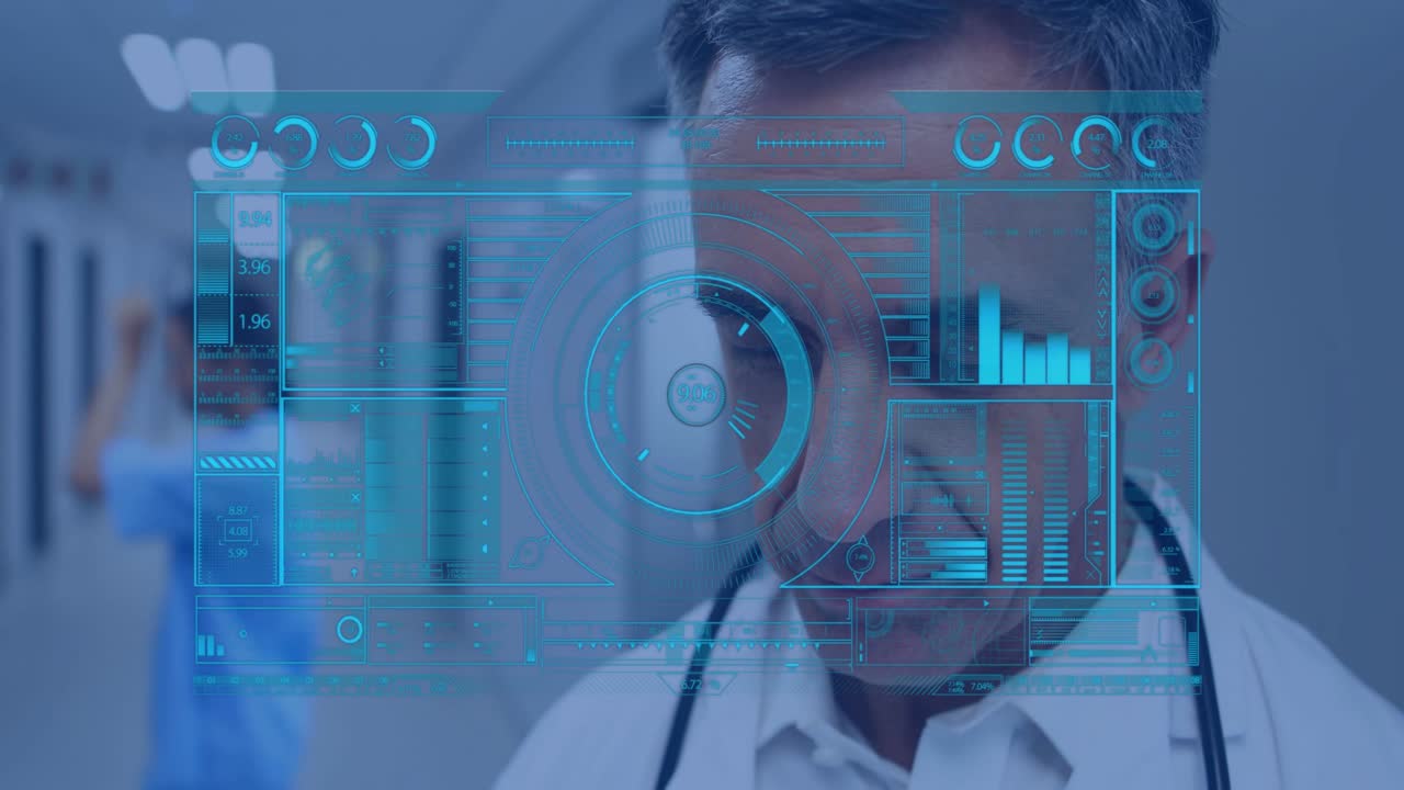 Doctor studying HUD in corridor, staff passing nudging gaze, charts updating for monitoring