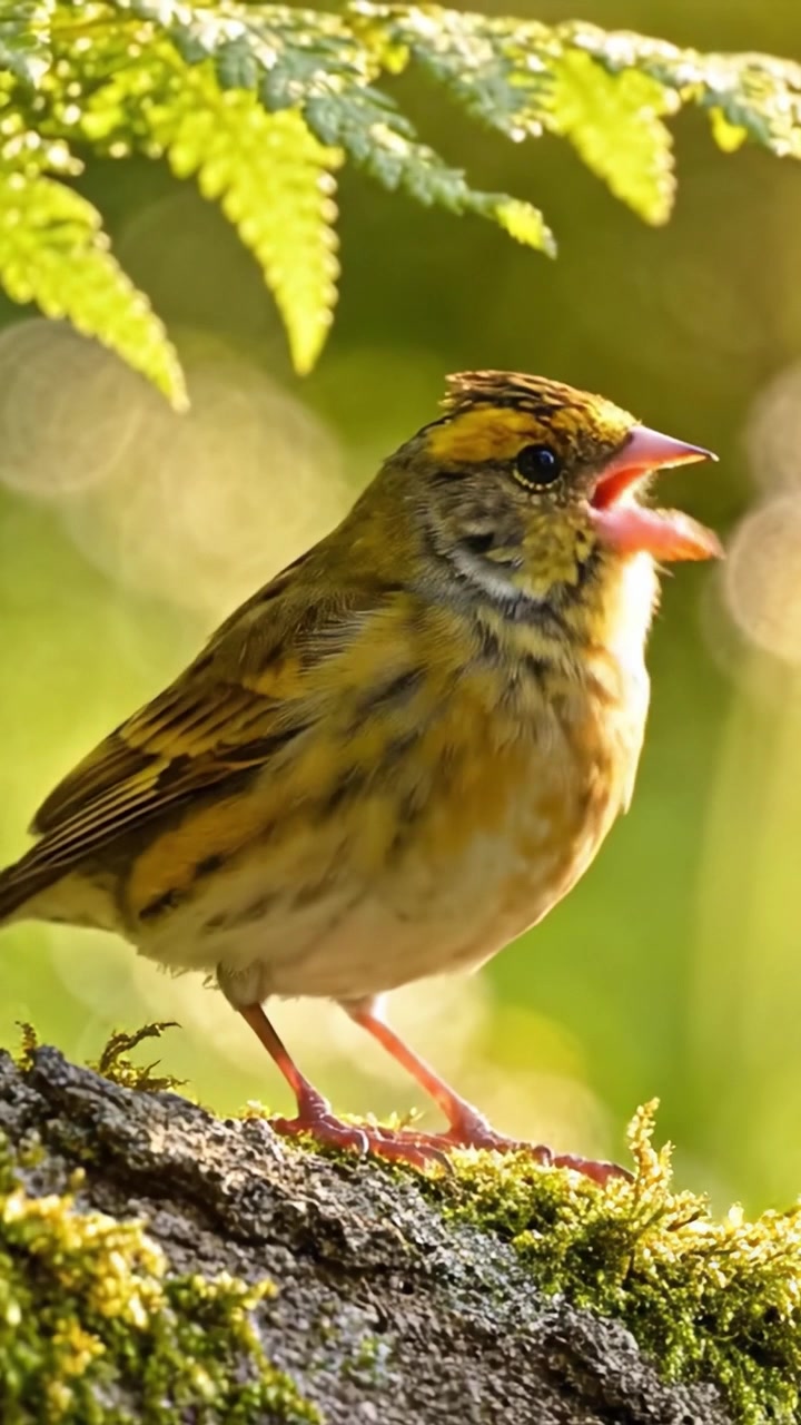 Un incontro ravvicinato con un vivace uccello canoro tra il fogliame lussureggiante, che cattura la bellezza della natura in ogni dettaglio con effetti bokeh sullo sfondo.