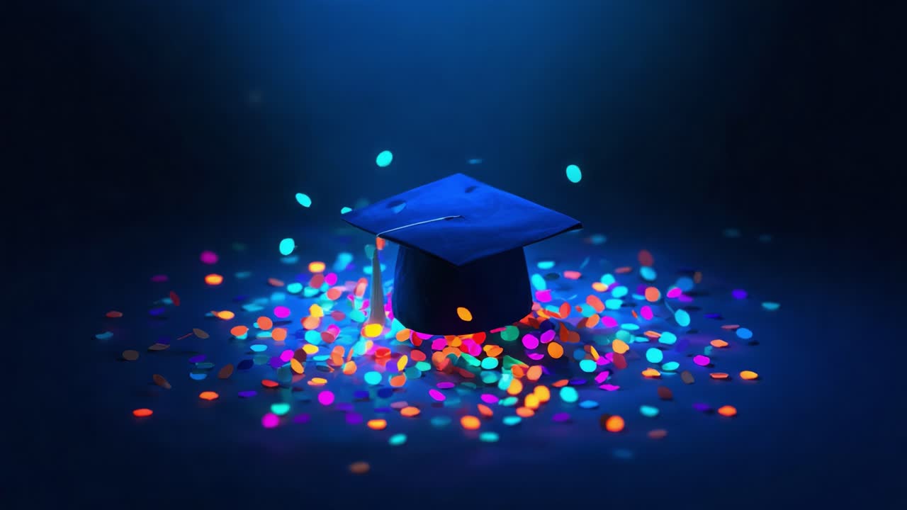 A Celebratory Graduation Moment Captured in Radiant Colors with a Cap Surrounded by Vibrant Confetti, Signifying Achievement and Joyous Milestones in Life's Journey