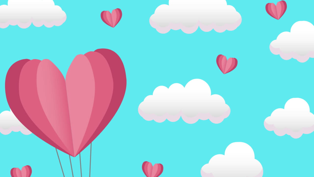 animación de globos de corazón rojo que llevan regalos y nubes sobre fondo azul