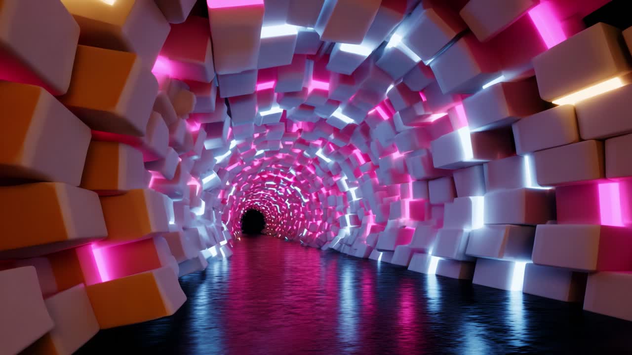 A Visually Striking Tunnel Illuminated by Pink and Blue Neon Lights, Showcasing a Surreal Perspective, Abstract Design, and Inviting Pathway Leading into Mysterious Darkness