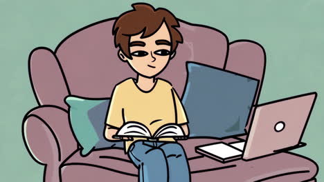 cartoon man reading a book on a sofa with a laptop