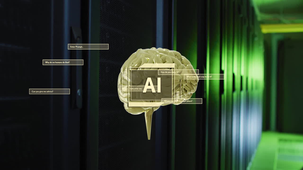 una animación cerebral sobre la sala del servidor con iluminación verde