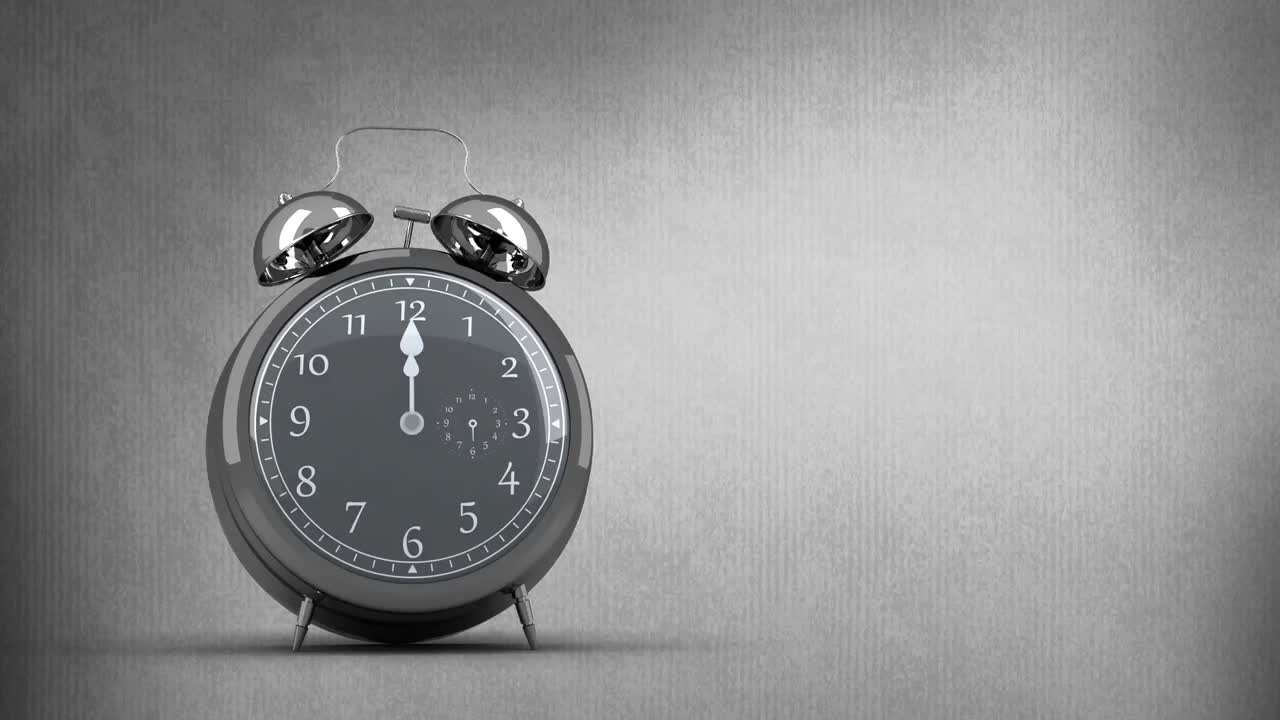 회색 배경에 빠르게 움직이는 검은색과  ⁇ 색의 레트로 알람 시계의 애니메이션