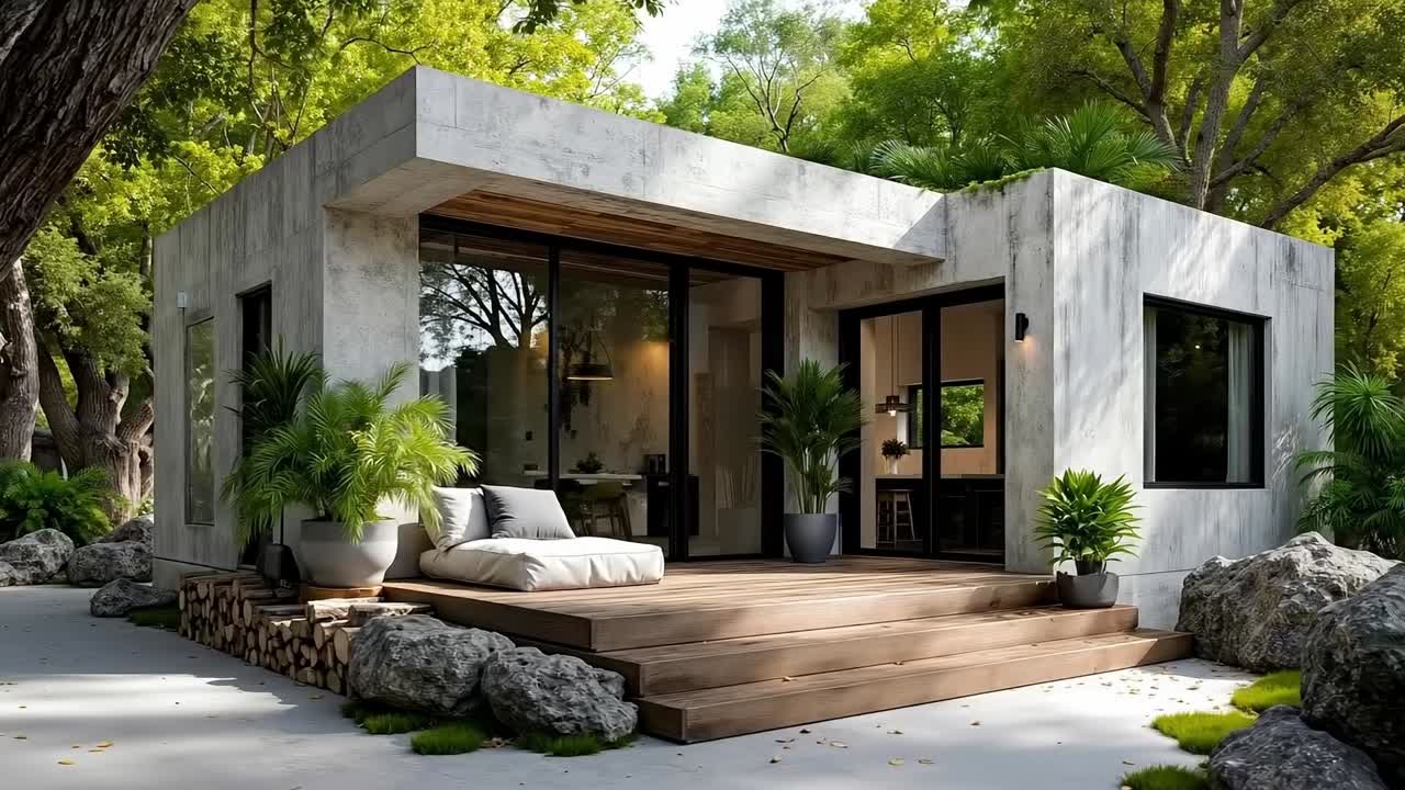 A small house with a wooden deck in the middle of a forest