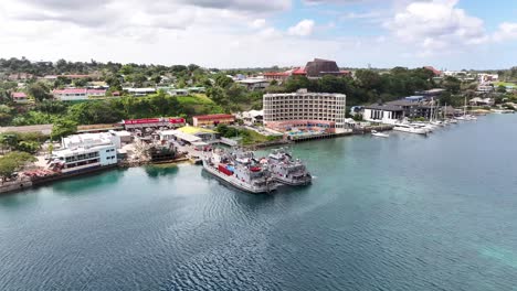 aerial view of a coastal town with boats and ships in harbor