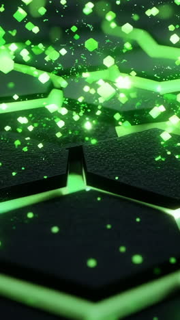 a black and green background with a pattern of hexagons. the hexagons are lit up with green lights