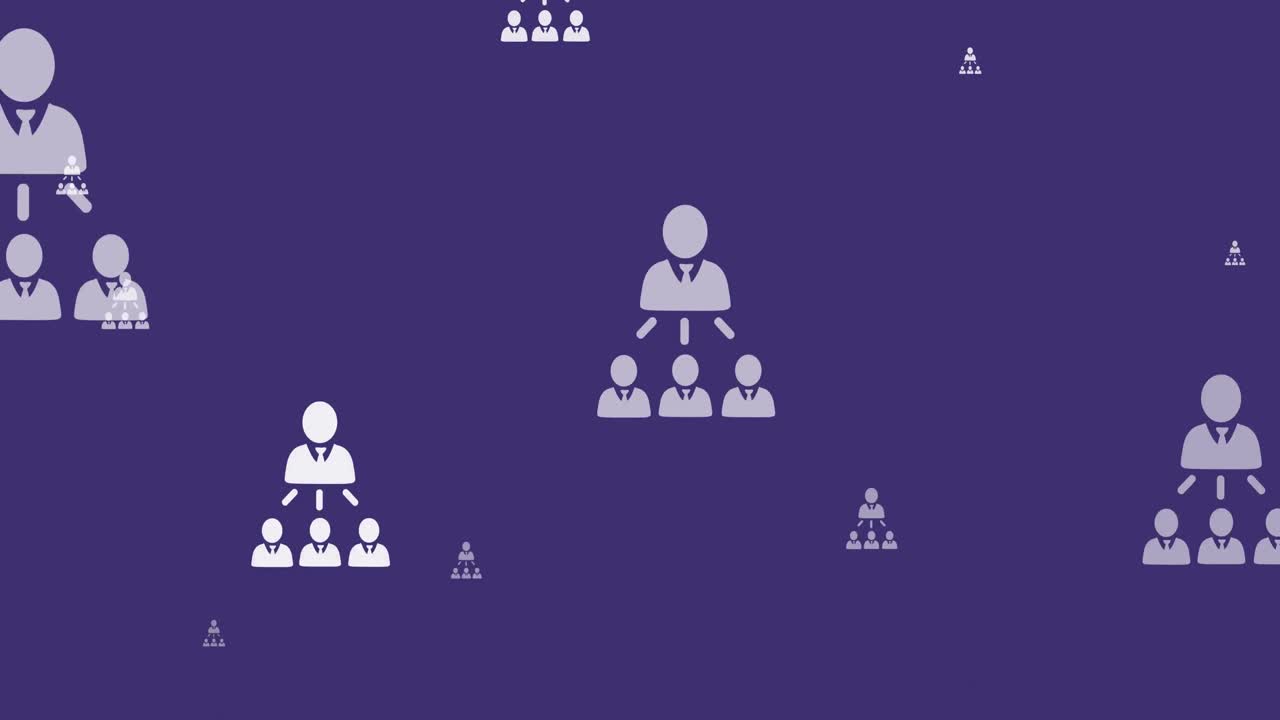 Animation of networks of white people icons flying up over purple background
