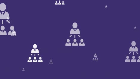 animation of networks of white people icons flying up over purple background