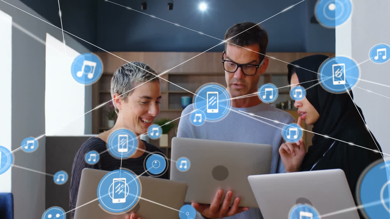 Collaborating in school, diverse group using laptops with animation and tech icons