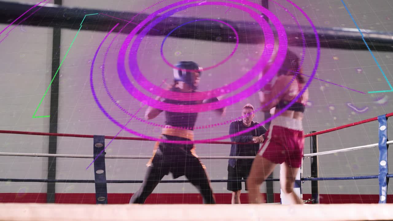 Two female boxers sparring in training ring, one boxer advancing while HUD rotating across frame