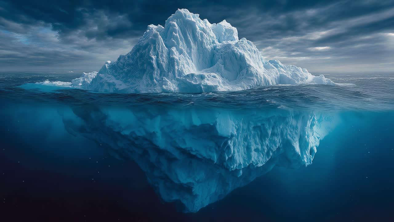 Majestic Iceberg Surfaces in Tranquil Waters, Showcasing Its Magnificent Form Above and Below the Ocean's Surface in a Stunning Display of Nature's Beauty