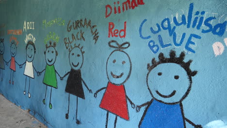 medium pan shot of recently painted classroom wall in ziway, ethiopia during a charity event