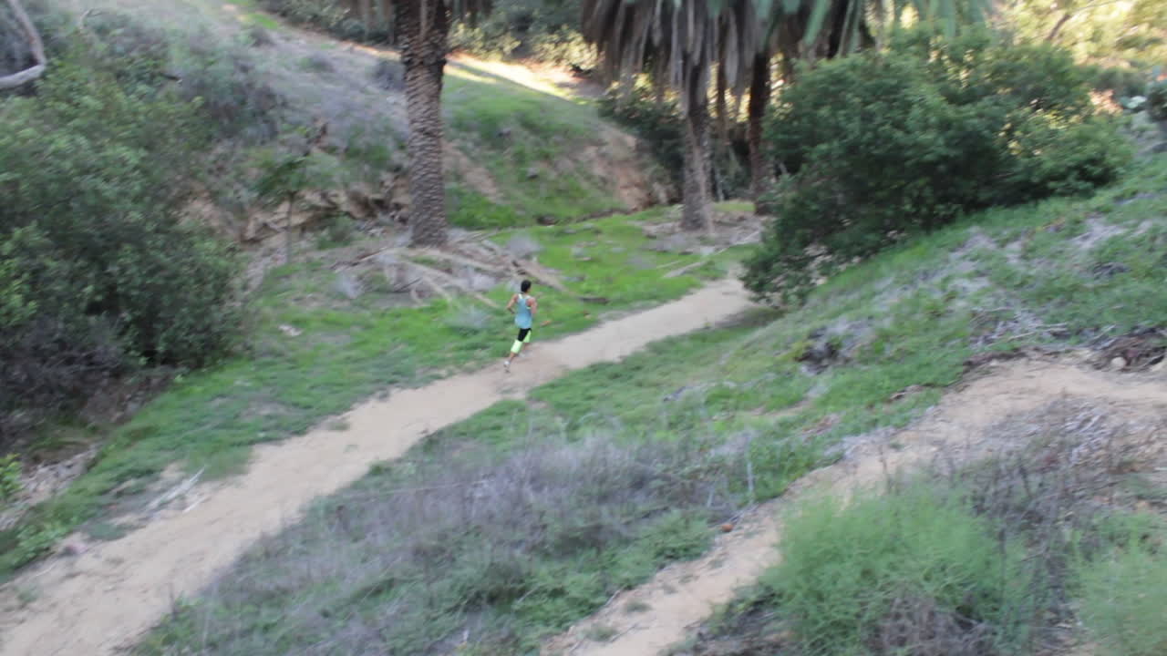A long-distance runner keeps pace far below on a narrow dirt path