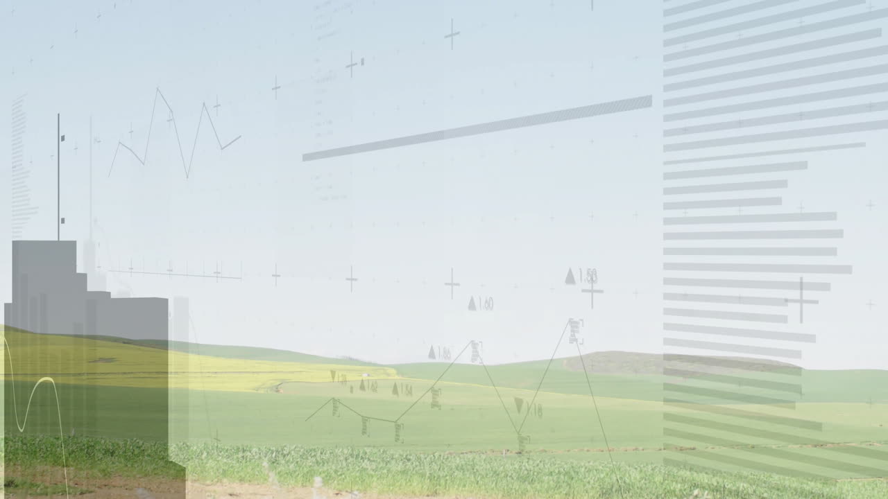 Rural green rolling fields being visualized in animated data scene, with semi-transparent charts