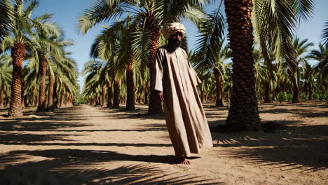man walking through a date palm grove