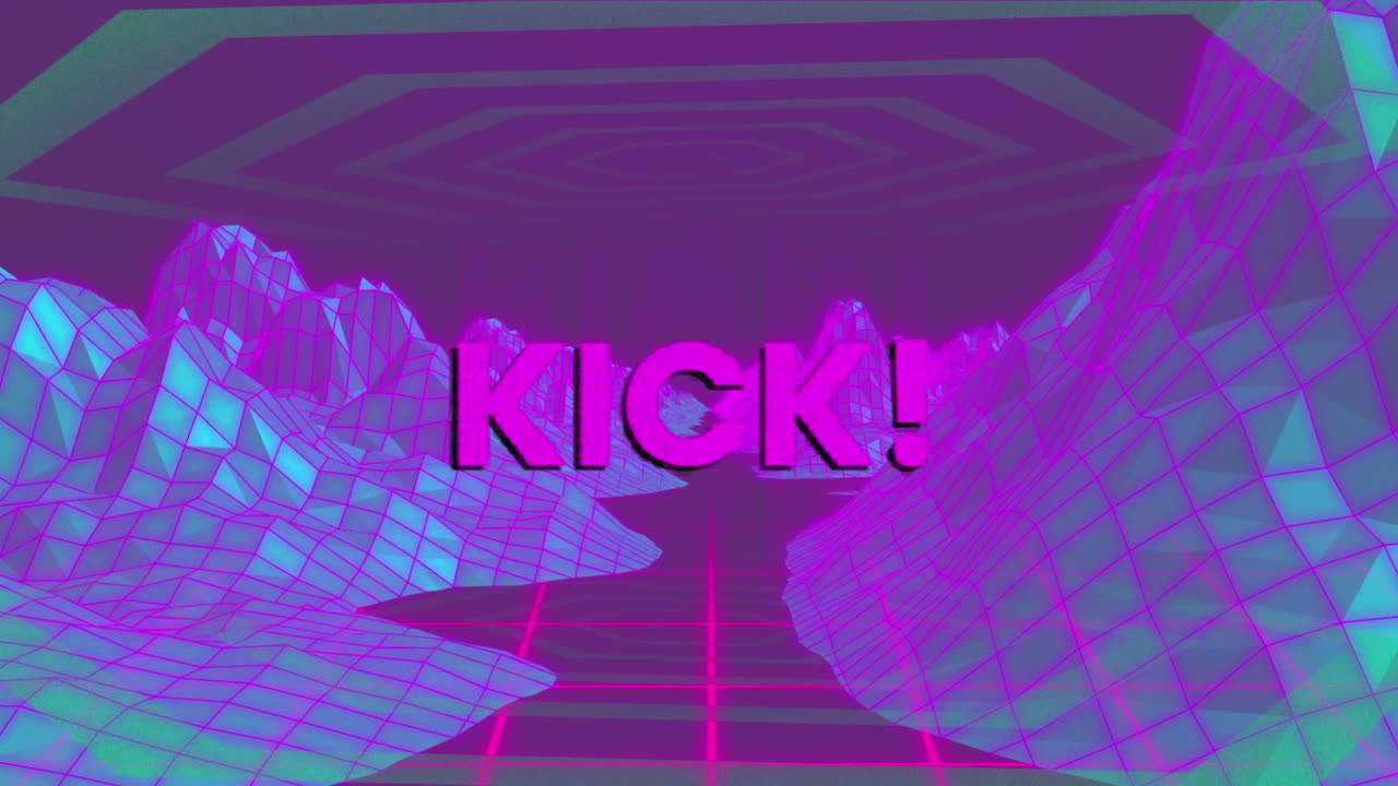 Animation of kick text over digital map on purple background