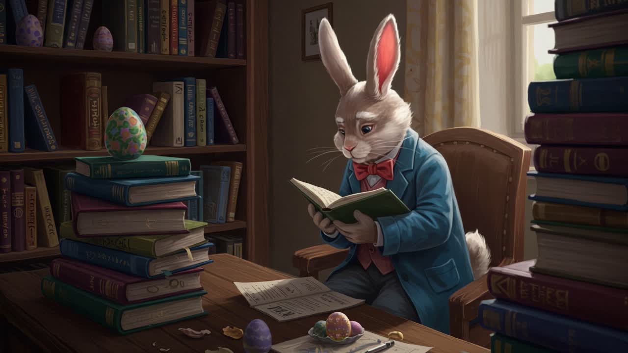 A thoughtful rabbit in a tailored blue suit, immersed in reading a book amidst colorful Easter eggs and towering stacks of books in a cozy library setting