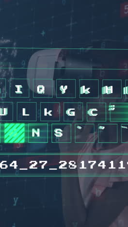 animación de procesamiento de datos digitales en el teclado sobre chica caucásica con auriculares vr