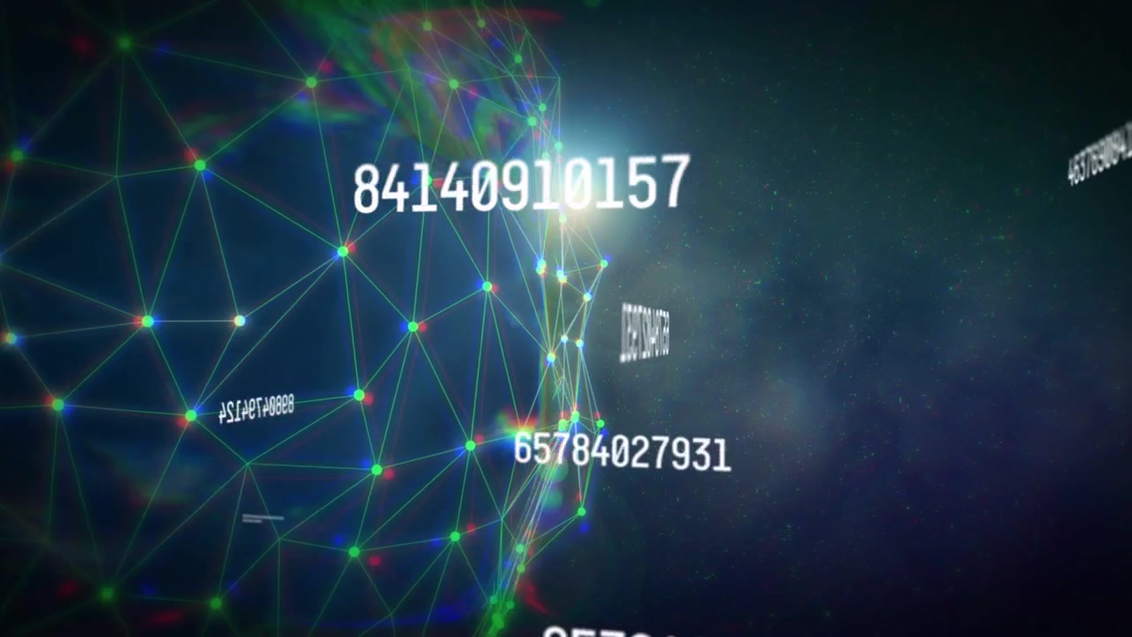 Telecamera che inizia a orbitare vicino a un globo digitale, causando nodi pulsanti e numeri in movimento che mostrano dati.