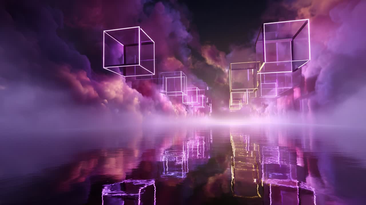 A mesmerizing landscape of floating geometric cubes illuminated with vibrant colors reflected in tranquil waters, shrouded in misty clouds, creating an enchanting and surreal atmosphere that invites wonder and imagination