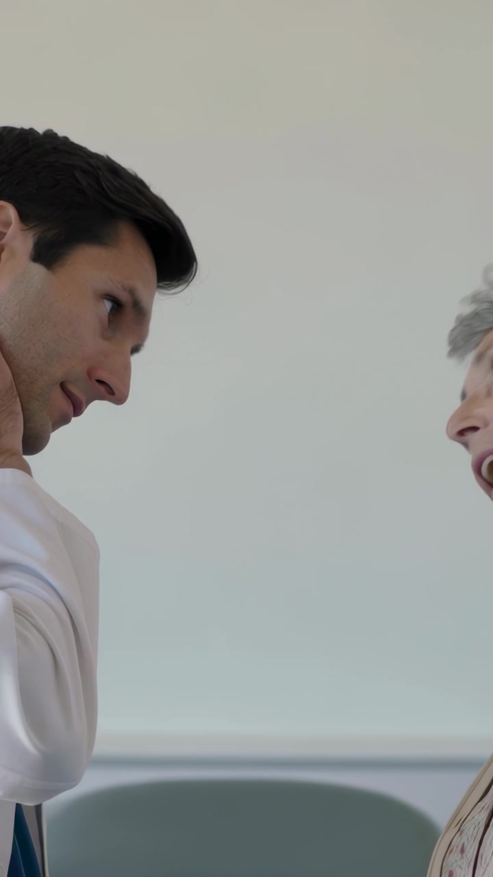 Video verticale: Dottore in camice bianco che parla, si gira, si china e ascolta una donna in clinica, con spazio per il testo.