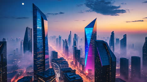 vibrant futuristic cityscape at dusk